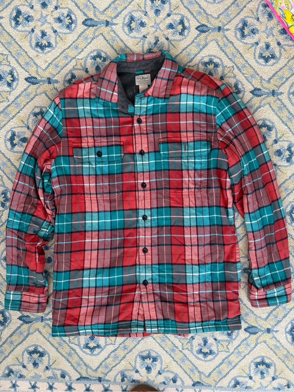 L.L. Bean Orange and Teal Plaid Button-Down Fleece